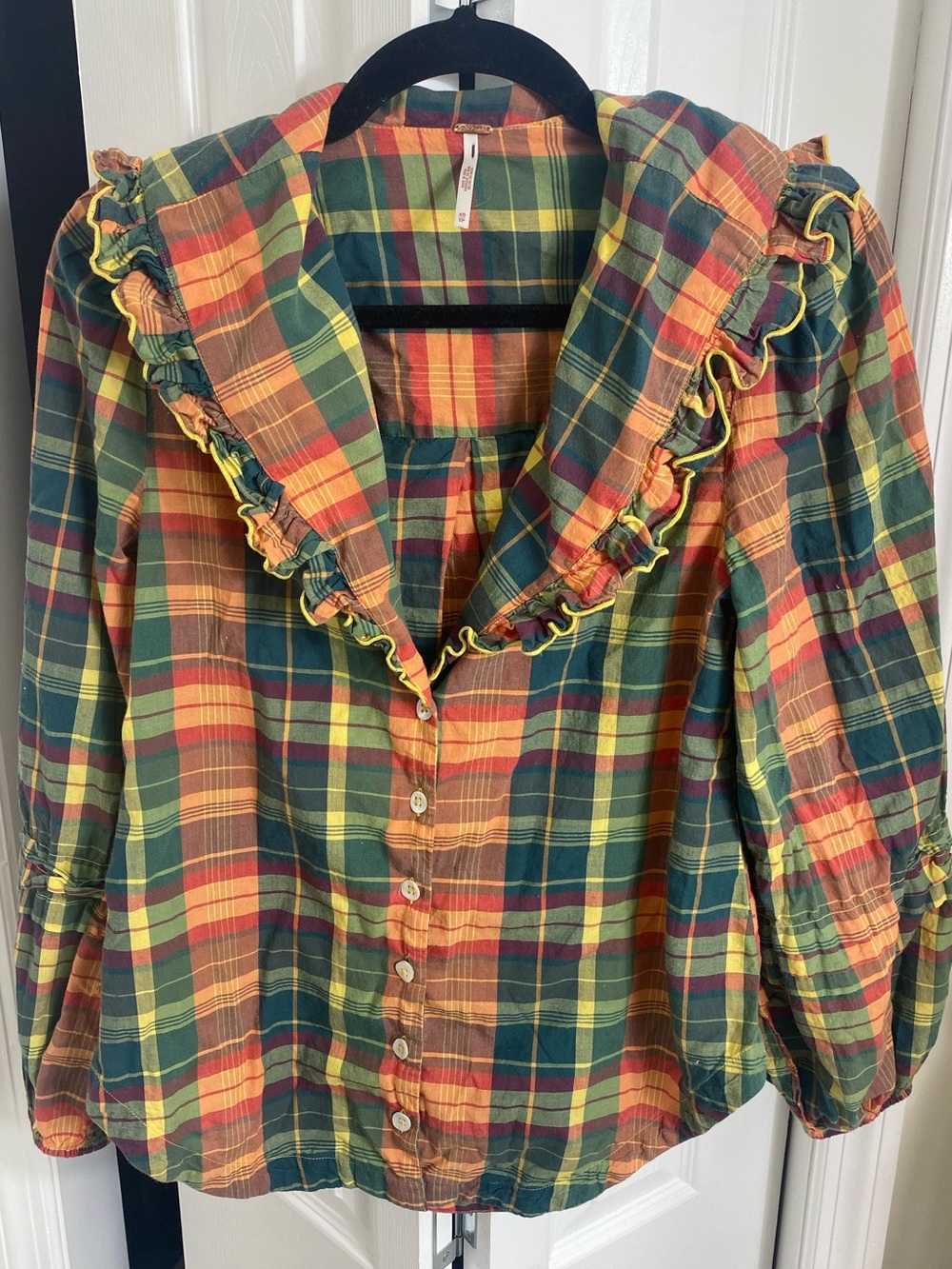 Free People Peppy in Plaid Ruffle Button Up Blouse XS Boho